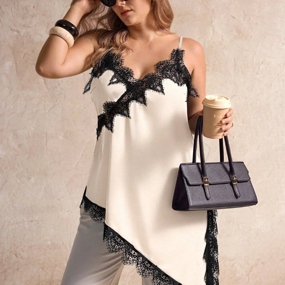 Plus Size Beige Casual Urban Lace Asymmetric V-Neck Camisole top